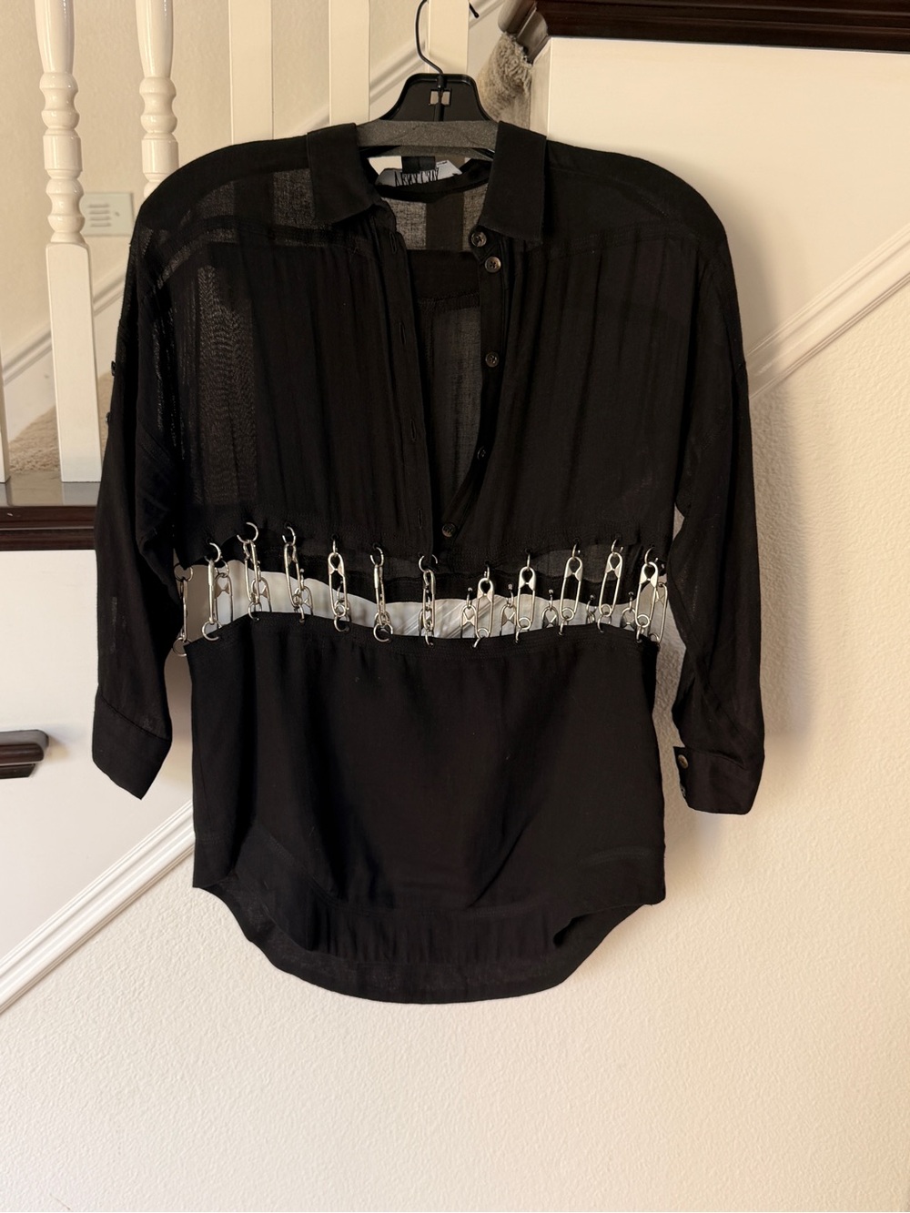 Vena Cava Black Sheer Button-Down Blouse with Silver Safety-Pin Detail